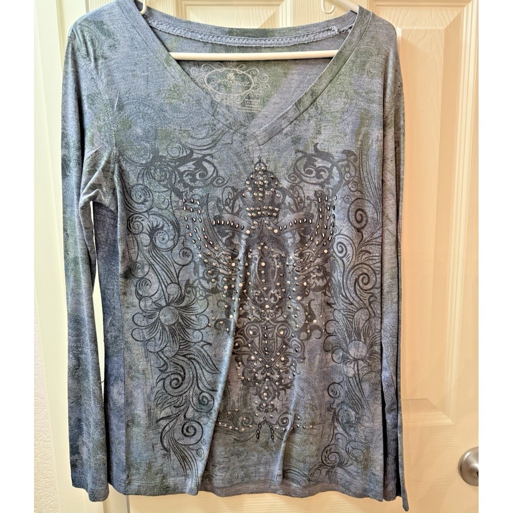 Greensource Womens V-Neck Long Sleeve Graphic T-Shirt Rhinestone Studded Green M